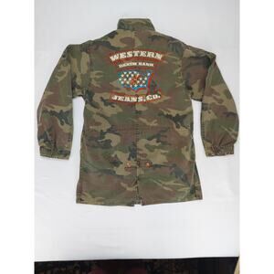 Western Denim Bank Jeans Co Jacket Green Camo Military Embroidered Studded Med